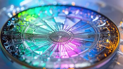 Close-up of a vibrant, iridescent circular disc featuring intricate radial patterns and glowing digital segments - Powered by Adobe
