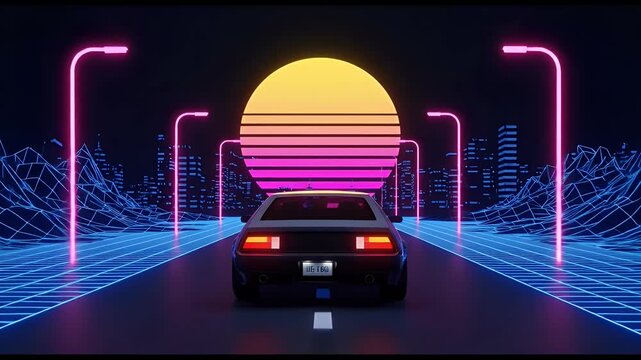 Retro 3D Driving Synthwave Car Neon City Sunset Pixel Art Background