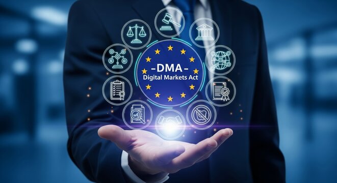 Digital Markets Act (DMA) Holographic Emblem Over Business Hand &mdash; Regulatory Compliance