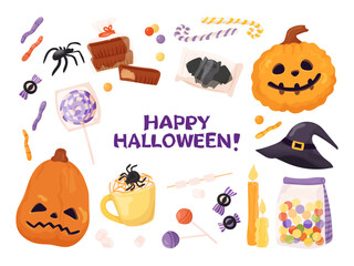 Happy Halloween cute elements collection. Pumpkin Jack, candles and holiday sweets, sugar products, spooky gelatin snacks collection. Vector illustration set.