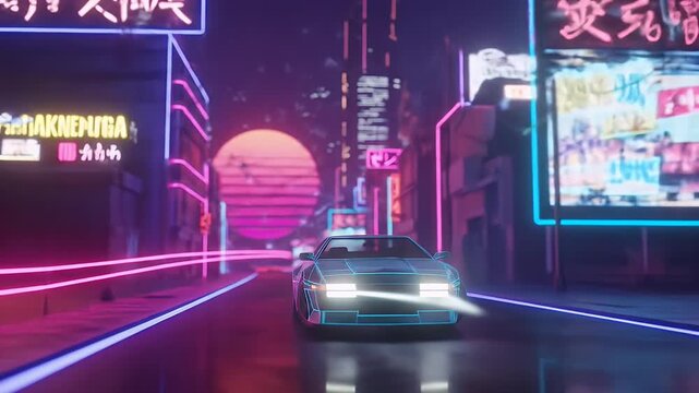 Retro 3D Synthwave Drive Through Neon Cityscape at Sunset