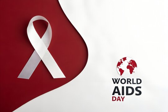 World aids day awareness symbol of a white ribbon against a deep red background with a stylized world map and text