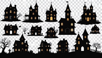 Obraz premium Set of black silhouette of haunted house isolated on transparent background 