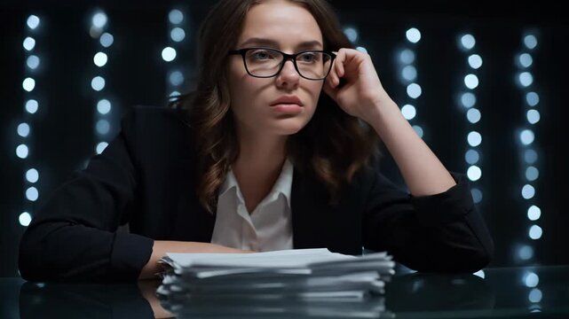 Tired young businesswoman with glasses, resting her head on her hand, looking down at a stack of papers on a desk in a dimly lit room with bokeh lights