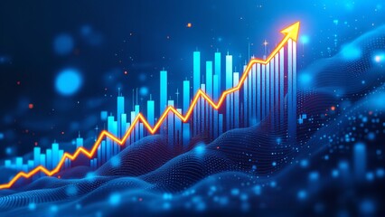 Futuristic financial graph with rising bars and an upward trending orange arrow on a blue background
