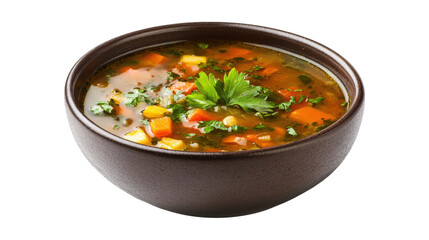 Vegetable soup in brown bowl isolated on a transparent background