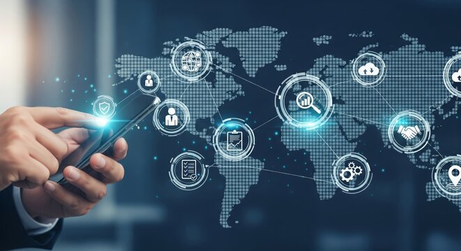 Global Digital Connectivity Banner — Holographic Icons Over World Map & Smartphone