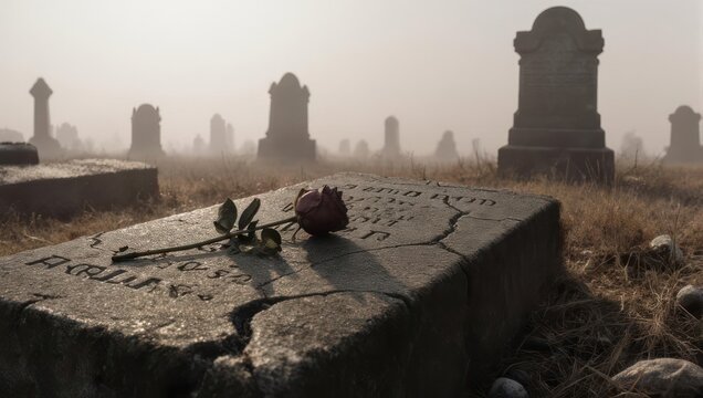 Eerie Cemetery Scene with Fog and Rose on Tombstone.