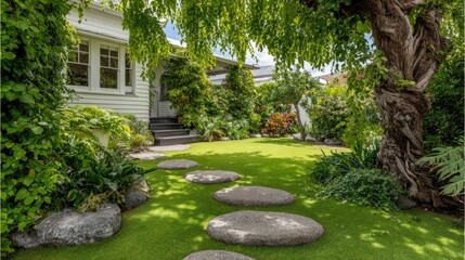 Scenic garden pathway leading to a house surrounded by lush greenery