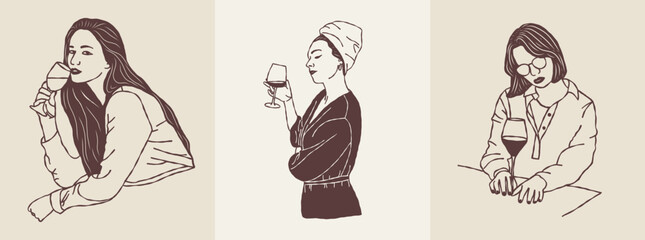 Girls drinking wine, calming relaxing scene, minimalist illustrations for decoration