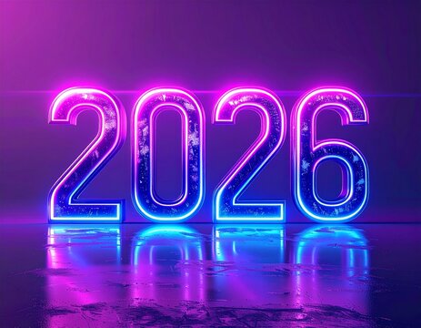 Bright neon digits forming the year 2026 with glowing purple and blue gradient lighti 