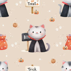 Halloween seamless pattern. Festive children illustration. Cute Halloween cat in black cape.