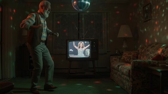 Retro Disco Dance Night Realistic Video with Senior Man Dancing