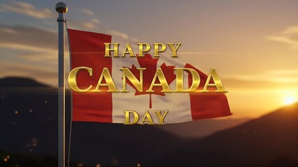 Realistic 3D Canada Flag Waving at Sunrise with Golden Text and Sparkles