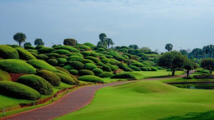 Scenic golf course landscape with lush greenery and blue sky