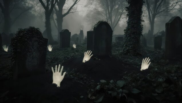 Eerie graveyard scene with ghostly hands emerging from graves.