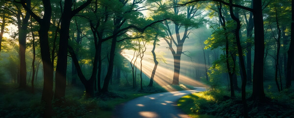 Naklejka premium Sunlight filtering through trees along a winding path in a serene forest during early morning hours