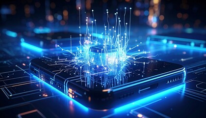 AI-integrated mobile system visualization, deep neural network branching out from device, glowing nodes and cables, sci-fi data matrix”