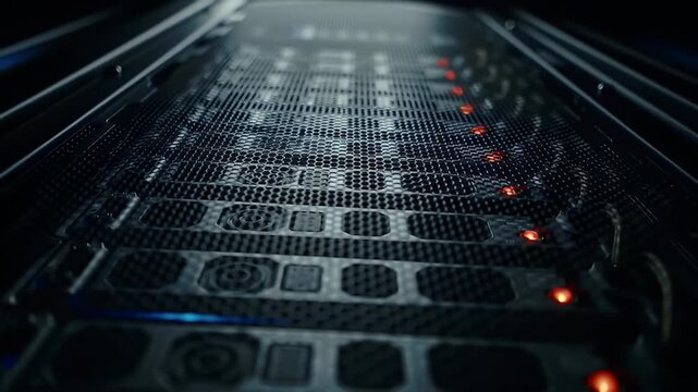 Server rack interior, dark metallic finish, perforated mesh, illuminated red lights