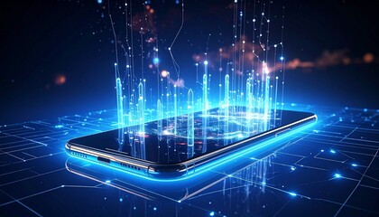 Abstract representation of future mobile communication — glowing network lines connecting transparent phone shapes in 3D space, light trails, data flow, cyber grid background”