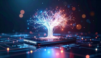 AI-integrated mobile system visualization, deep neural network branching out from device, glowing nodes and cables, sci-fi data matrix”