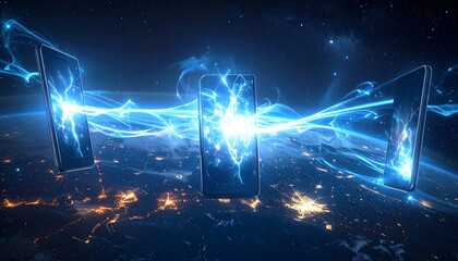 Abstract mobile data transfer — energy streams between floating phones, glowing plasma lines, infinite connections, cosmic background”