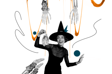 Composite photo collage of happy witch girl hold flashlight skeleton hands creepy halloween decor isolated on painted background