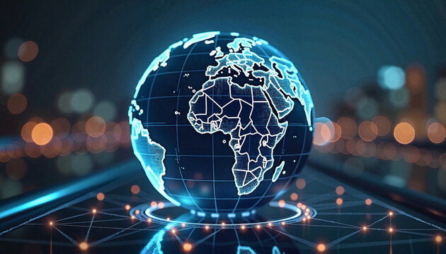 Holographic globe with world map highlighting Africa in futuristic digital environment