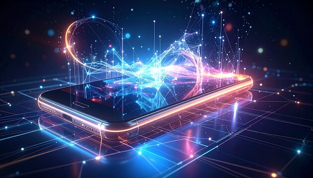 Abstract representation of future mobile communication — glowing network lines connecting transparent phone shapes in 3D space, light trails, data flow, cyber grid background”