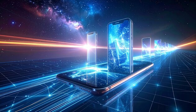 Abstract representation of future mobile communication — glowing network lines connecting transparent phone shapes in 3D space, light trails, data flow, cyber grid background”
