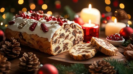 Traditional European Christmas sweet bread garnished with candied fruit, nuts, and powdered sugar, resting on a wooden cutting board amidst festive decorations and warm candlelight - Powered by Adobe