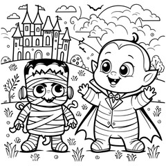 Halloween coloring book illustration set
