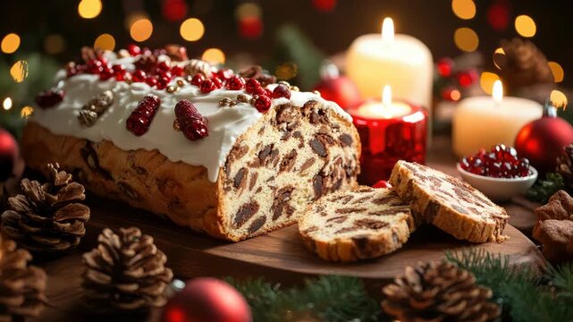 Traditional European Christmas sweet bread garnished with candied fruit, nuts, and powdered sugar, resting on a wooden cutting board amidst festive decorations and warm candlelight
