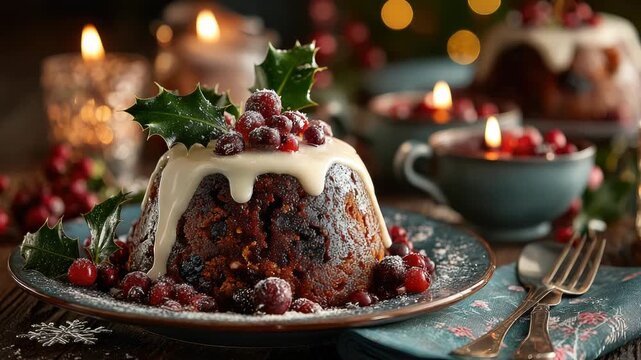 Steaming Christmas pudding with white icing and holly leaves sits on a plate on a festive table set with candles and fine china, ready for Christmas 2026 celebrations