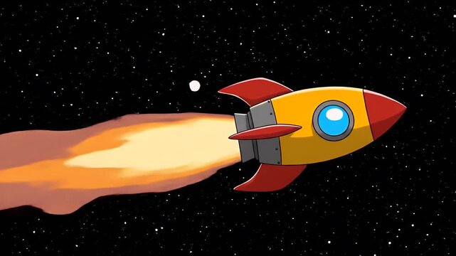 Retro pixel art rocket blasting off into starry space background