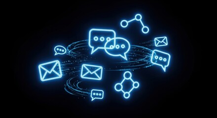 Floating communication icons — chat bubbles, message, and connection dots — bright blue holographic light, solid black background