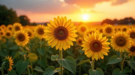 Obraz premium Golden sunlit sunflowers in a sprawling field creating a breathtaking vista of natural beauty at dusk