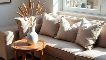 Naklejka premium Cozy living room scene with neutral tones, natural light, and decorative plants in a modern home setting