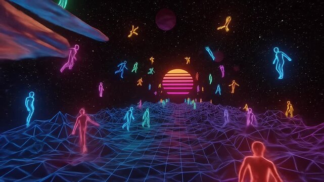 Retro Synthwave 3D Abstract Landscape with Neon Figures and Sunset