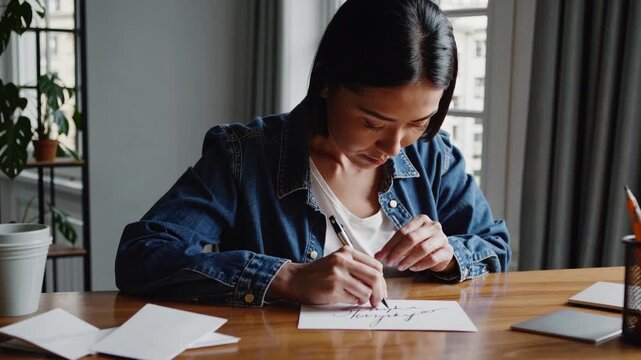 Young Asian calligrapher carefully writing a thank you letter by hand. Focused artist creating beautiful script for a personal note
