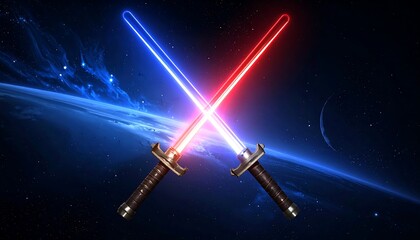 Two crossed lightsaber blades against a space backdrop