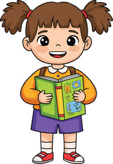 Cartoon girl reading book, educational activity, colorful children’s story, preschool student, backpack, literacy concept, happy child, learning habit, vector illustration