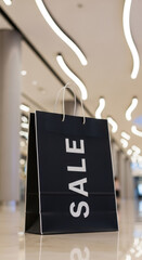 Black shopping bag with bold white SALE text stands prominently in a modern shopping mall, showcasing the excitement of Black Friday sale shopping and consumerism
