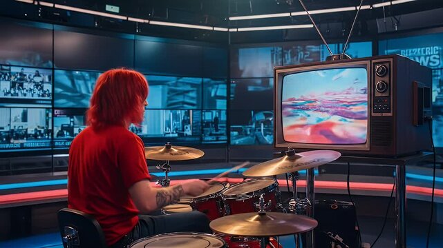 Retro TV Screen Shows Abstract Landscape While Drummer Plays In Modern Studio