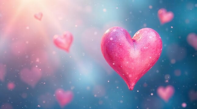 A cascade of shimmering pink hearts gently floats and sparkles in the soft, ethereal glow of warm light against a dreamy, diffused background