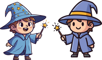 Cartoon wizards casting spells, magical character illustration, fantasy theme, glowing wand, blue robe outfit, playful magic scene, enchanted moment, children’s story art