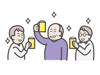 おじさん3人の飲み会のイラスト　ゆるいイラスト