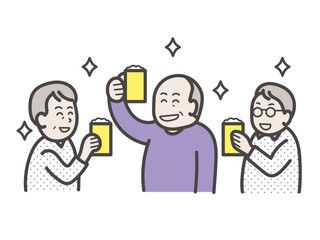 おじさん3人の飲み会のイラスト　ゆるいイラスト