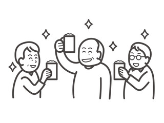おじさん3人の飲み会のイラスト　ゆるいイラスト　線画のみ