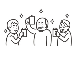 おじさん3人の飲み会のイラスト　ゆるいイラスト　線画のみ